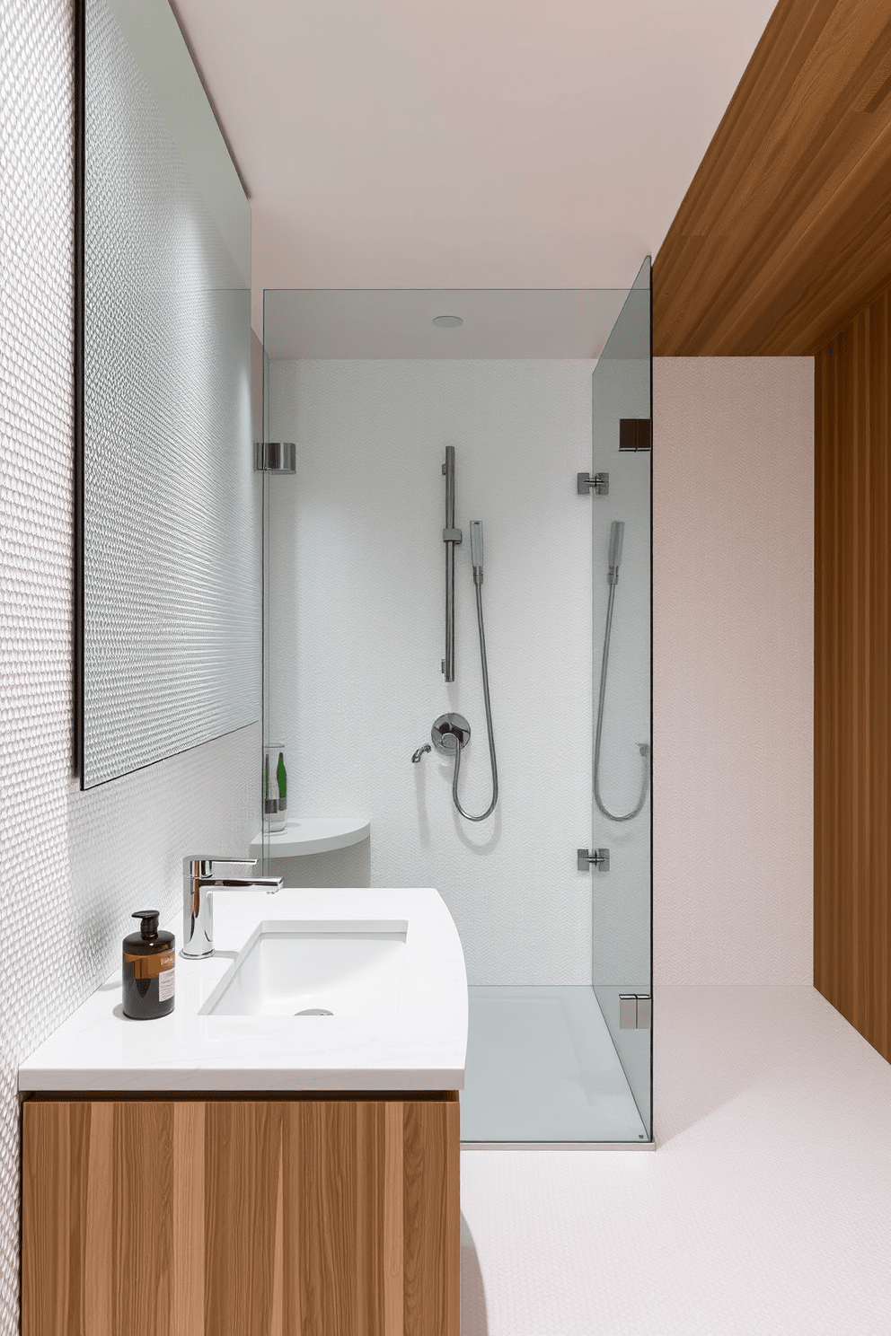 A modern bathroom featuring wall-mounted faucets to maximize counter space. The design includes a sleek floating vanity with a light wood finish and a white quartz countertop, complemented by a large frameless mirror above. The walls are adorned with textured white tiles, creating a clean and airy atmosphere. A stylish shower area is enclosed with glass panels, showcasing a rainfall showerhead and elegant fixtures.