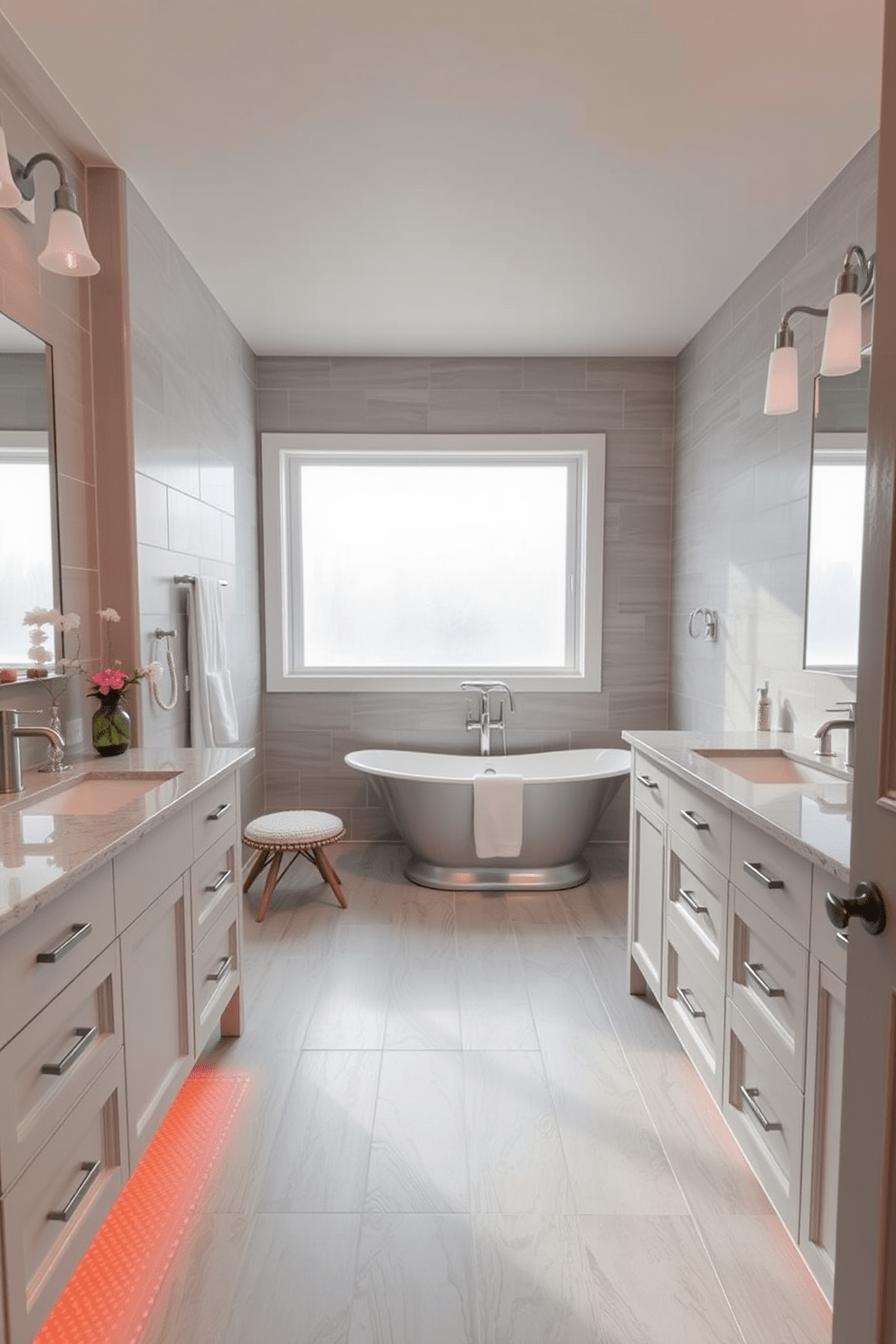 A cozy bathroom featuring heated flooring that provides warmth and comfort during winter months. The design includes an elegant freestanding bathtub positioned near a large window, allowing natural light to fill the space. The walls are adorned with soft gray tiles that create a serene atmosphere. A stylish double vanity with a quartz countertop sits against one wall, complemented by contemporary fixtures and ample storage.