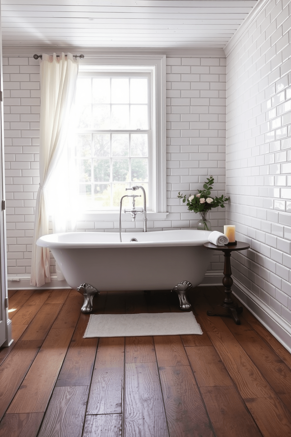 A vintage clawfoot bathtub sits elegantly in the center of the room, surrounded by classic white subway tiles that extend from the floor to the ceiling. Natural light floods in through a large window adorned with sheer curtains, creating a serene and inviting atmosphere. The floor features a rustic wooden finish that complements the timeless charm of the bathtub. A small side table holds neatly rolled towels and a decorative candle, enhancing the cozy and luxurious feel of the space.