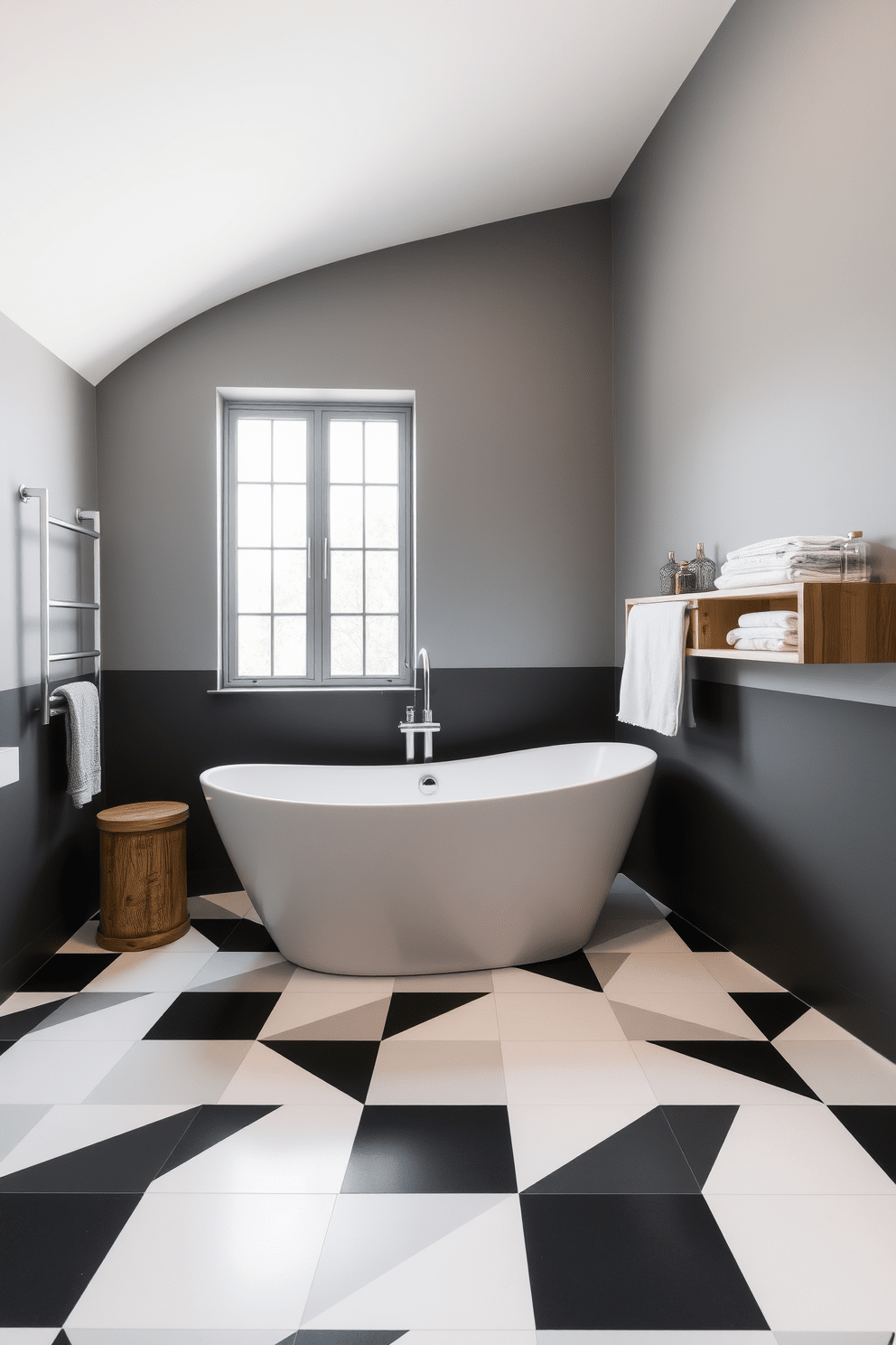 A modern bathroom with geometric tiles featuring a bold black and white pattern that creates a striking visual impact. The walls are painted in a soft gray tone, complementing the contemporary style of the space. The bathroom includes a sleek freestanding bathtub positioned under a large window that allows natural light to flood in. A minimalist wooden shelf holds neatly arranged towels and decorative items, enhancing the clean aesthetic of the design.