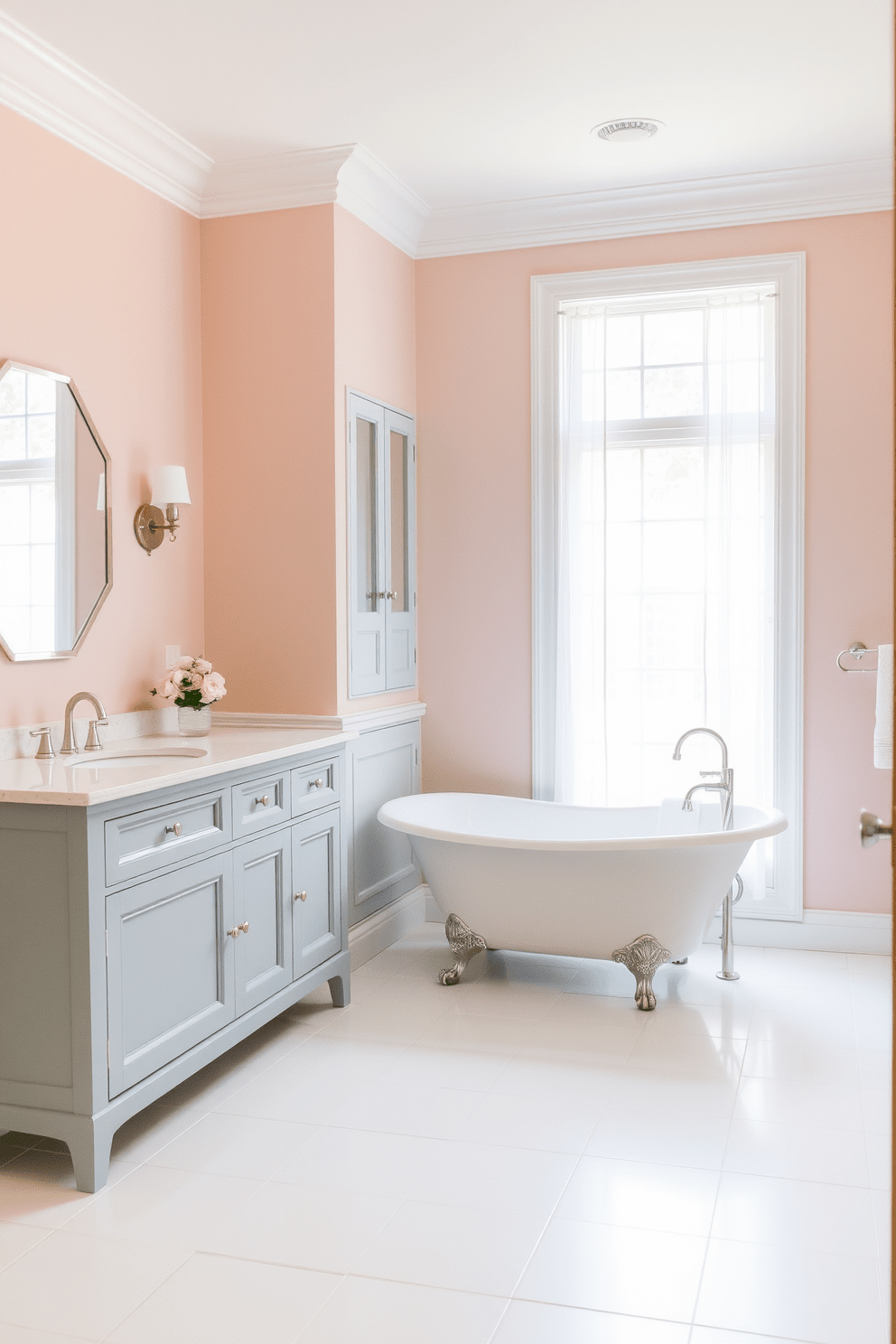 A serene bathroom design featuring soft pastel colors to create a calming atmosphere. The walls are painted in a light blush hue, complemented by a pale blue vanity with a white quartz countertop. The floor is adorned with large white tiles, enhancing the spacious feel of the room. A freestanding bathtub sits under a window with sheer curtains, allowing natural light to filter through gently.