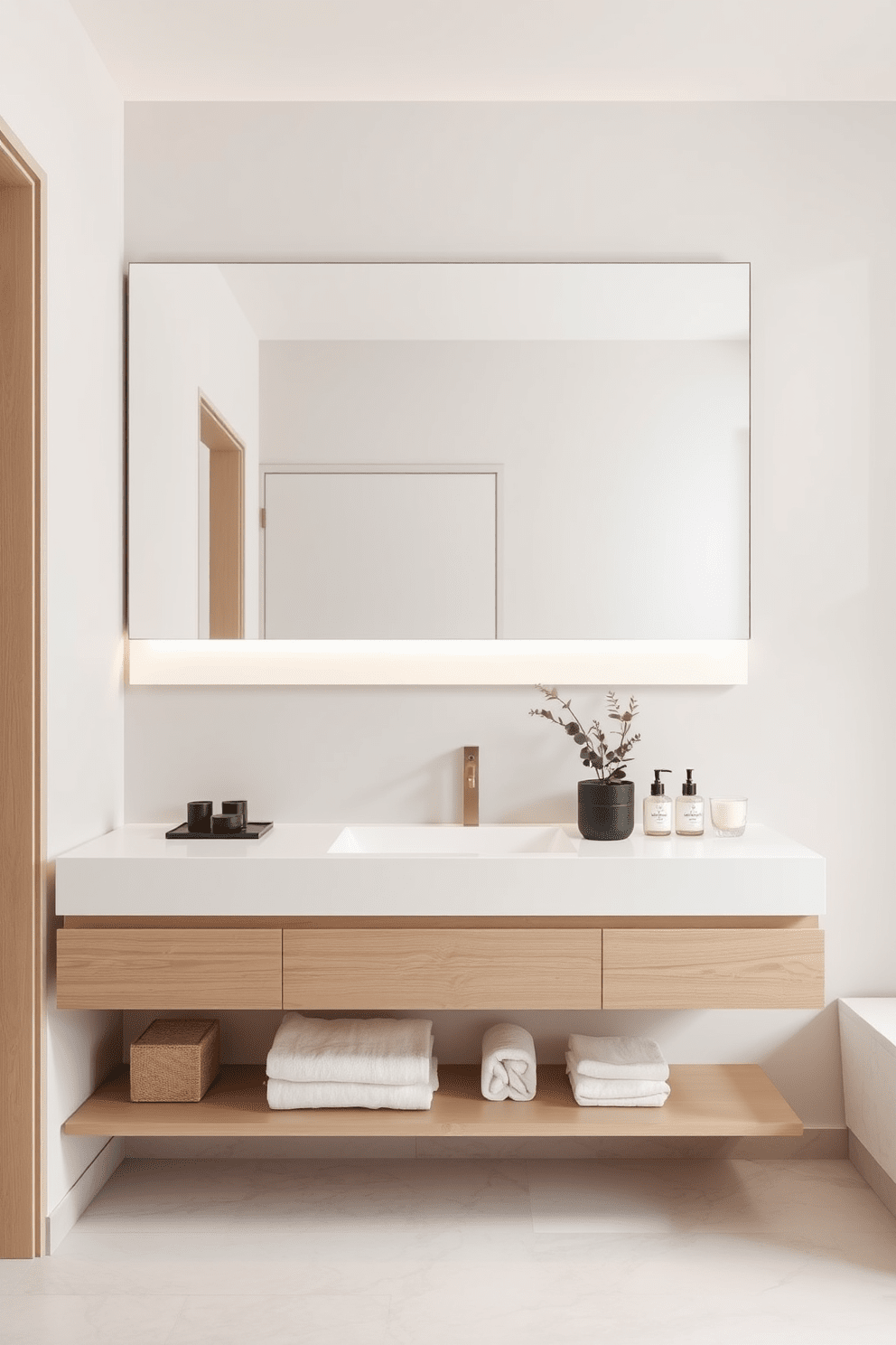 A serene bathroom design featuring minimalist accessories that emphasize an uncluttered look. The space includes a floating vanity with a sleek design, complemented by a large frameless mirror that enhances the feeling of openness. Soft neutral tones dominate the walls, creating a calming atmosphere. A simple potted plant sits on the countertop, while elegant storage solutions keep toiletries neatly organized out of sight.