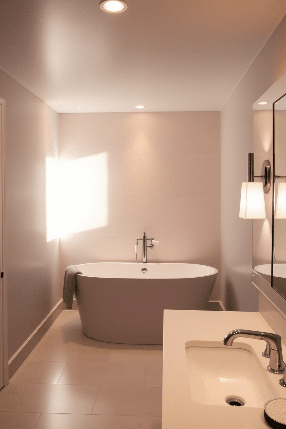 A serene bathroom atmosphere is created with strategically placed accent lighting that highlights key features. Soft, warm light illuminates the textured wall behind the freestanding tub, casting gentle shadows that enhance the overall ambiance. Incorporate recessed lighting in the ceiling to provide a subtle glow while maintaining an elegant aesthetic. Wall sconces on either side of the vanity mirror add a touch of sophistication and ensure flattering illumination for daily routines.