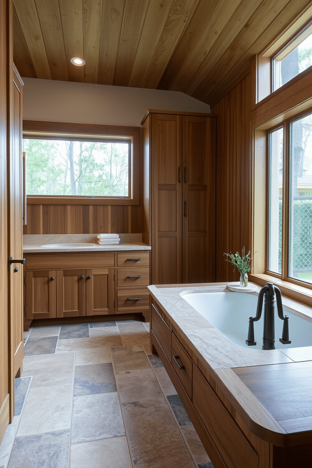 Natural wood finishes create an organic feel in the bathroom. The design features a spacious layout with warm wooden cabinetry, complemented by a large soaking tub surrounded by natural stone tiles. Soft, ambient lighting enhances the earthy tones of the wood and stone. A large window allows natural light to flood the space, highlighting the textures and creating a serene atmosphere.