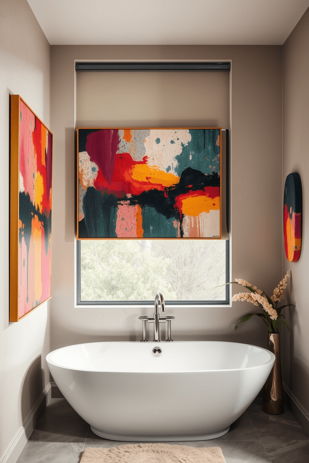 Artistic wall art to personalize space in a modern bathroom setting. The walls are adorned with vibrant abstract paintings that complement the color scheme of the room. Incorporate an elegant mix of textures and materials to enhance the overall aesthetic. A sleek freestanding tub sits beneath a large window, allowing natural light to illuminate the space.