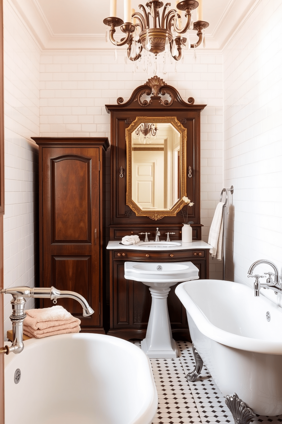 A vintage-inspired bathroom featuring elegant fixtures that exude timeless charm. The space includes a freestanding clawfoot bathtub with a polished chrome faucet and a pedestal sink with intricate detailing. The walls are adorned with classic white subway tiles, creating a fresh and clean backdrop. A vintage mirror with an ornate frame hangs above the sink, reflecting the warm light from a stylish chandelier. Rich wooden accents, such as a dark mahogany cabinet, add warmth to the design. Soft, plush towels in muted pastel colors are neatly arranged, enhancing the inviting atmosphere.