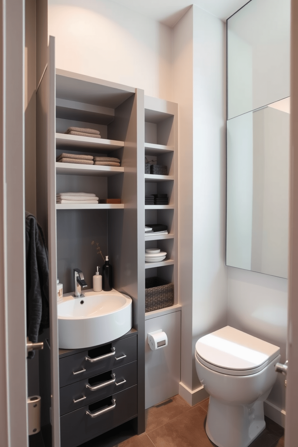 A modern small bathroom featuring innovative storage solutions. The design includes built-in shelves above the toilet and a compact vanity with drawers for easy organization. The walls are painted in a light gray color to enhance the sense of space. A large mirror reflects natural light, making the room feel brighter and more open.