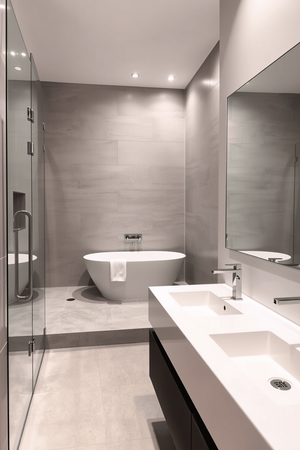 A sleek modern bathroom featuring polished chrome hardware that enhances the contemporary aesthetic. The design includes a spacious walk-in shower with frameless glass doors and minimalist fixtures for a clean look. The walls are adorned with large format tiles in a soft gray hue, while the floor showcases a textured stone finish for added depth. A freestanding bathtub sits elegantly in one corner, complemented by a stylish floor-mounted faucet. The vanity boasts a floating design with a smooth white countertop and under-mount sinks, creating an airy feel. Ambient lighting is strategically placed to highlight the modern features and create a warm atmosphere.