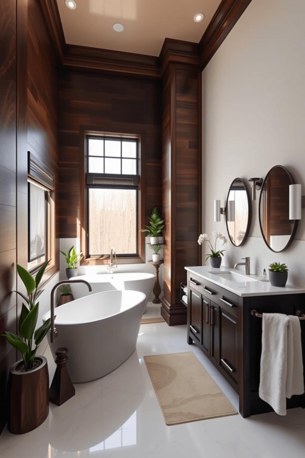 A luxurious 8x10 bathroom featuring dark wood accents that create a warm contrast against light-colored walls. The space includes a freestanding soaking tub with a sleek faucet and a large window that allows natural light to flood in, enhancing the inviting atmosphere. A double vanity with dark wood cabinetry complements the design, topped with elegant white marble. Decorative elements such as plush towels and potted plants add a touch of sophistication and comfort to the overall aesthetic.