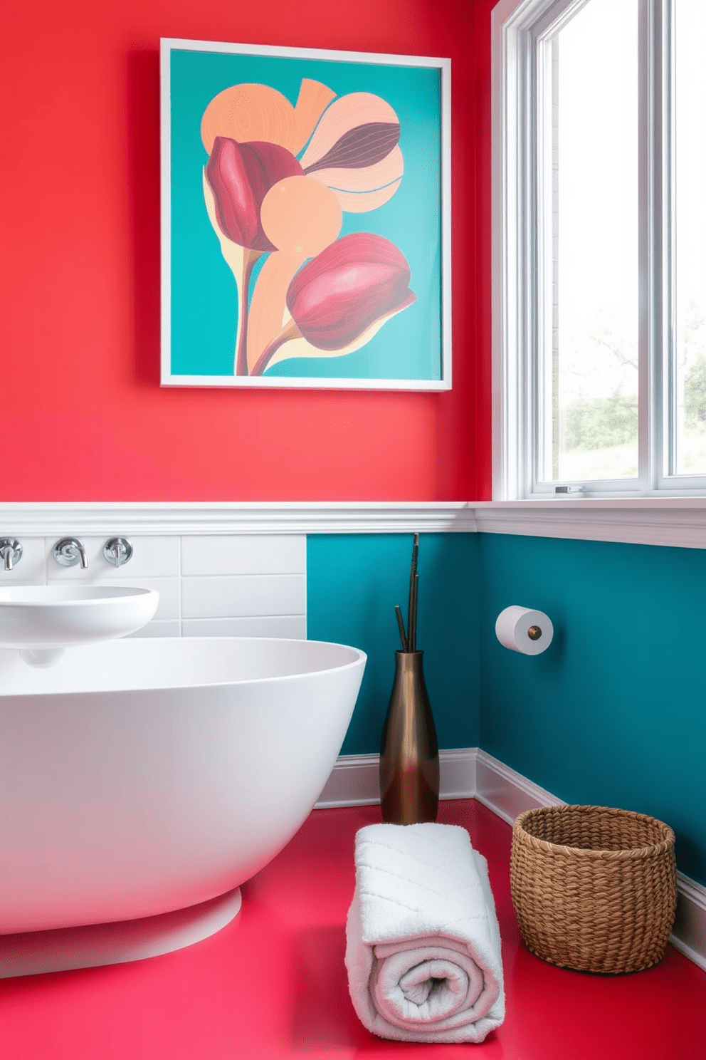 Bright colored accent wall for vibrancy. The walls are painted in a lively coral hue, creating a striking focal point in the space. The bathroom features a sleek white freestanding tub positioned near the window. Complementing the accent wall, vibrant artwork adorns the opposite wall, adding personality and charm.