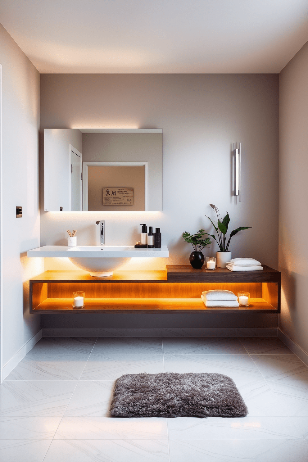 A contemporary bathroom featuring a sleek floating vanity with under-mount lighting that creates a warm ambiance. The vanity is complemented by a large frameless mirror and stylish fixtures, enhancing the modern aesthetic of the space. The walls are adorned with soft, neutral tones, and the floor showcases elegant large-format tiles in a subtle pattern. A plush bath mat adds comfort, while decorative elements like candles and potted plants bring a touch of personality to the design.