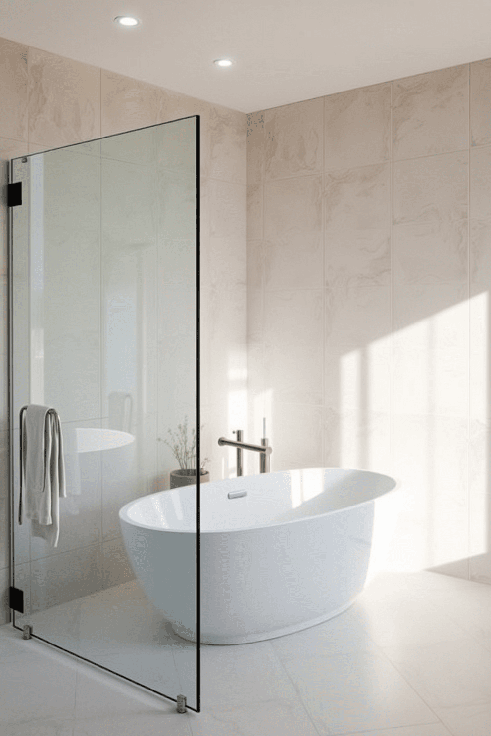 A frameless glass shower creates an open and spacious feel in the bathroom. The sleek design allows natural light to flow, enhancing the overall aesthetic of the 8x10 bathroom. The walls are adorned with large format tiles in a soft neutral tone, complementing the minimalist decor. A contemporary freestanding bathtub sits elegantly in one corner, surrounded by stylish accessories for a luxurious touch.