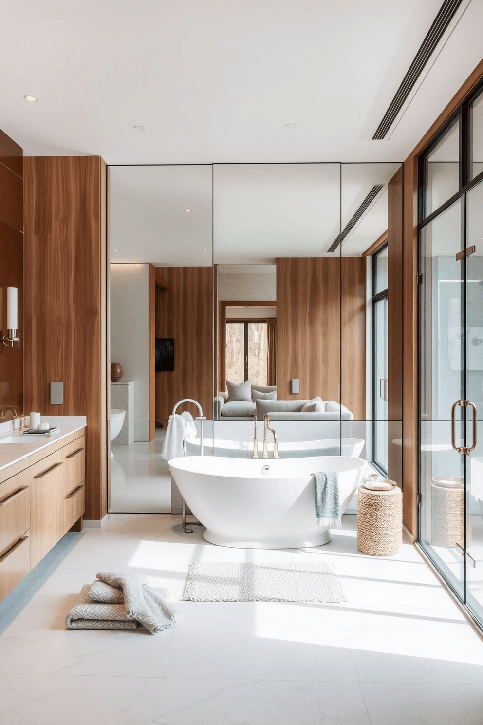 A spacious bathroom featuring a large mirror that reflects natural light, creating an airy and bright atmosphere. The design includes elegant fixtures and a neutral color palette to enhance the overall aesthetic. The layout incorporates a freestanding bathtub and a sleek glass shower enclosure, providing a luxurious feel. Stylish accessories and soft textiles add warmth and comfort to the space.