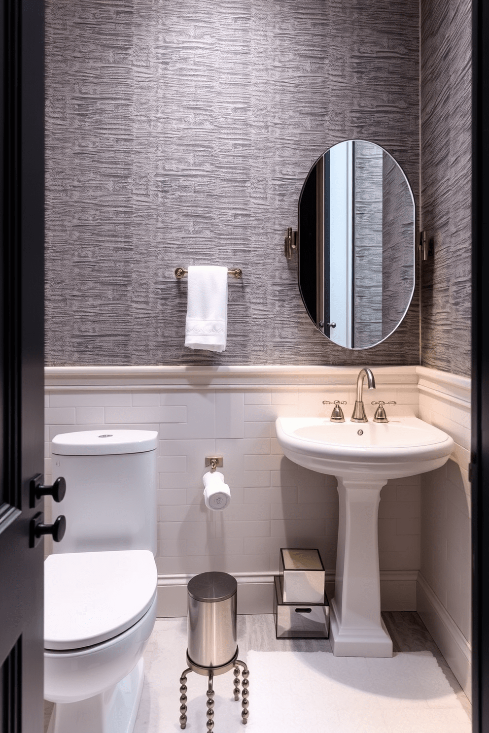 A stylish bathroom featuring textured wallpaper that adds depth and interest to the space. The room is designed with an 8x10 layout, showcasing elegant fixtures and a harmonious color palette.