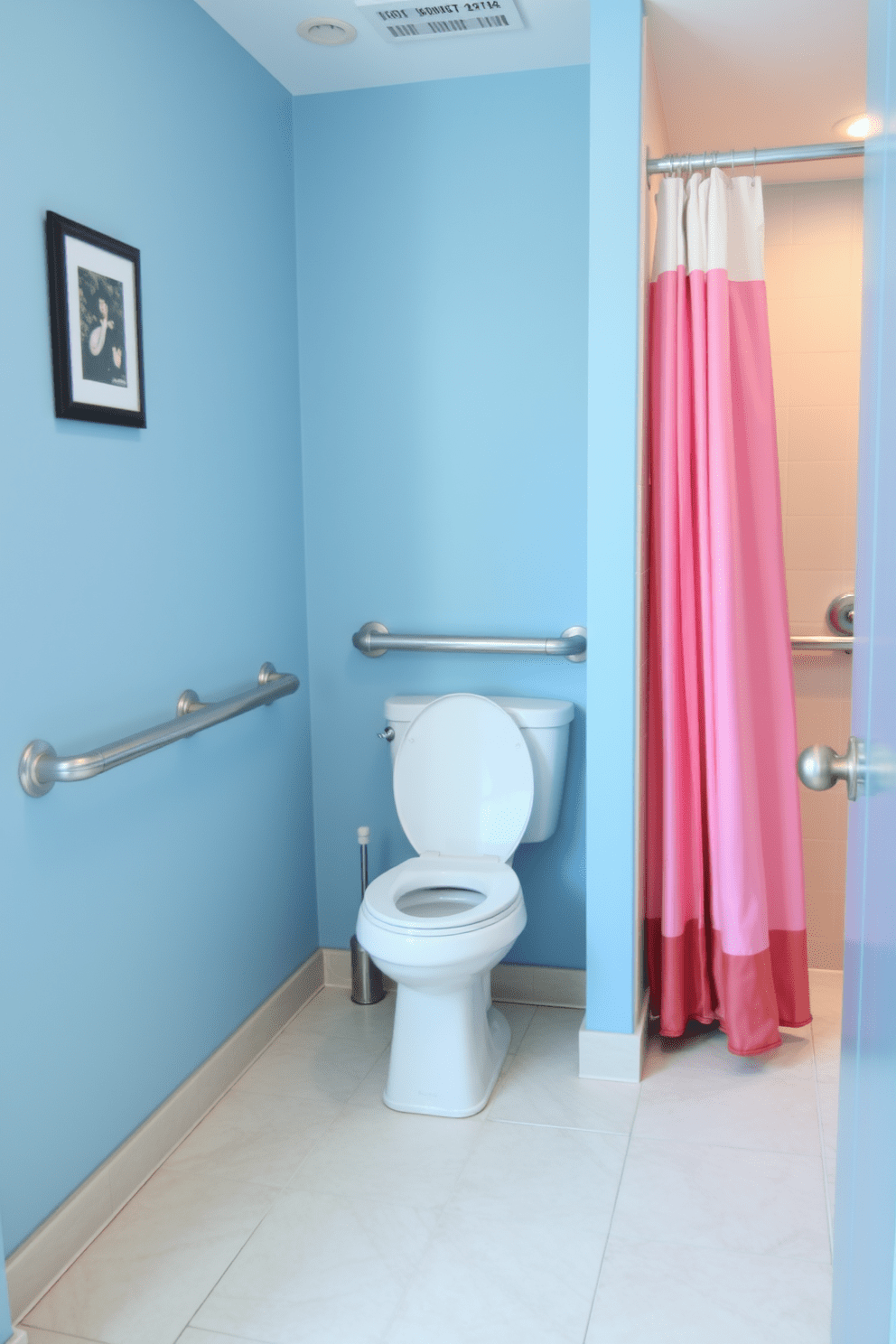 A spacious ADA compliant bathroom featuring accessible grab bars installed near the toilet for safety and convenience. The walls are painted in a soft blue hue, and the flooring is slip-resistant tile, ensuring both style and functionality.