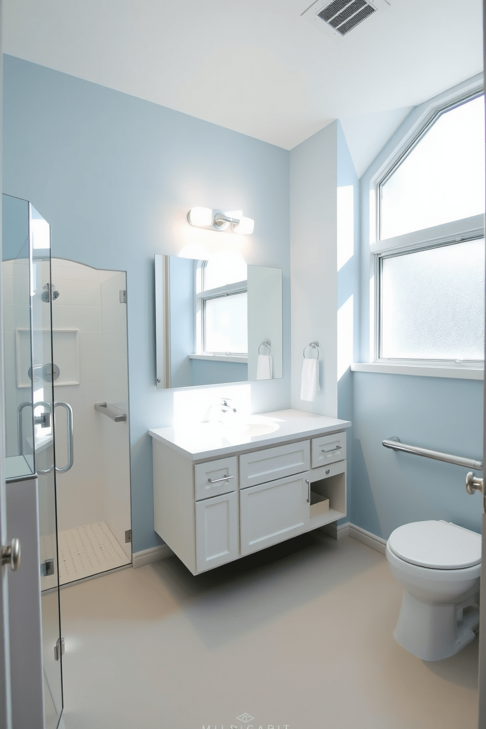 Bright lighting illuminates the spacious ADA bathroom, featuring a large walk-in shower with grab bars and a non-slip floor. The walls are painted in a soft blue hue, complemented by light-colored cabinetry and a floating vanity with ample storage. Natural light streams in through a frosted window, enhancing the airy feel of the space. A large mirror above the sink reflects the bright surroundings, while strategically placed LED fixtures ensure there are no glare options for comfortable visibility.