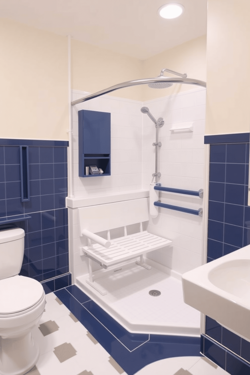 A modern ADA-compliant bathroom featuring contrasting colors for visibility and safety. The walls are painted in a light beige, while the grab bars and fixtures are finished in a deep navy blue for clear contrast. The floor is covered with non-slip tiles in a checkerboard pattern of white and gray. A spacious roll-in shower area is equipped with a fold-down bench and a handheld showerhead, all highlighted with bright accent colors for enhanced visibility.