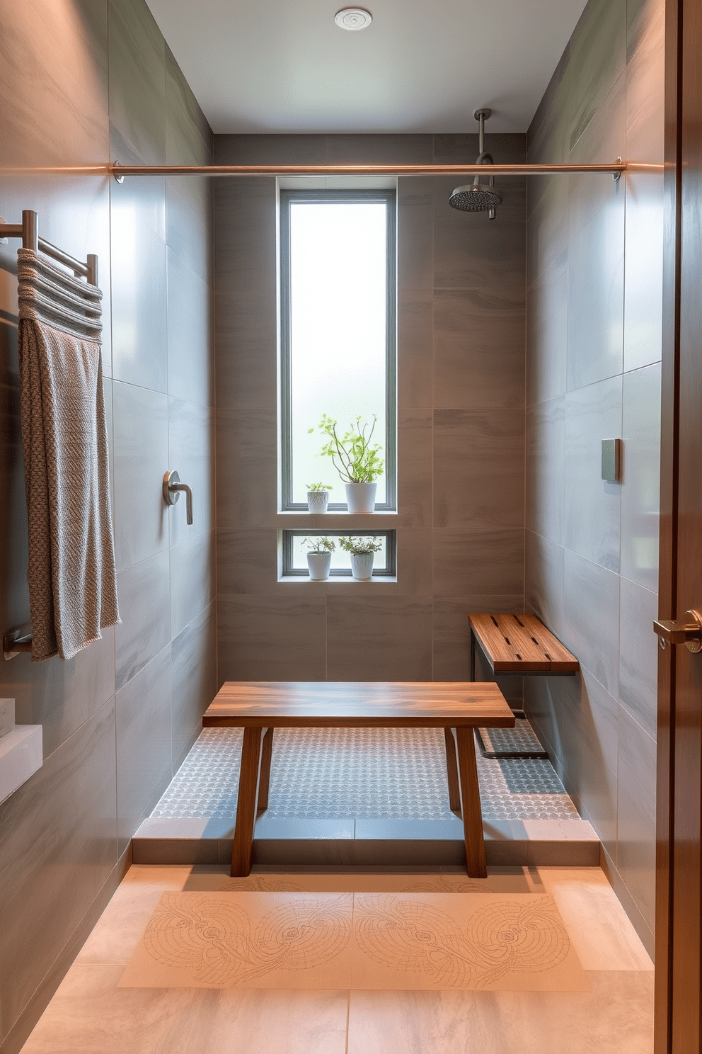 A spacious ADA compliant bathroom features a stylish shower bench made of teak wood, providing both functionality and elegance. The walls are adorned with large format tiles in a soft gray tone, and the floor is equipped with slip-resistant tiles for safety. The shower area includes a grab bar for support, and a handheld showerhead is mounted at a convenient height. Natural light floods the space through a frosted window, enhancing the serene atmosphere with a touch of greenery from potted plants.