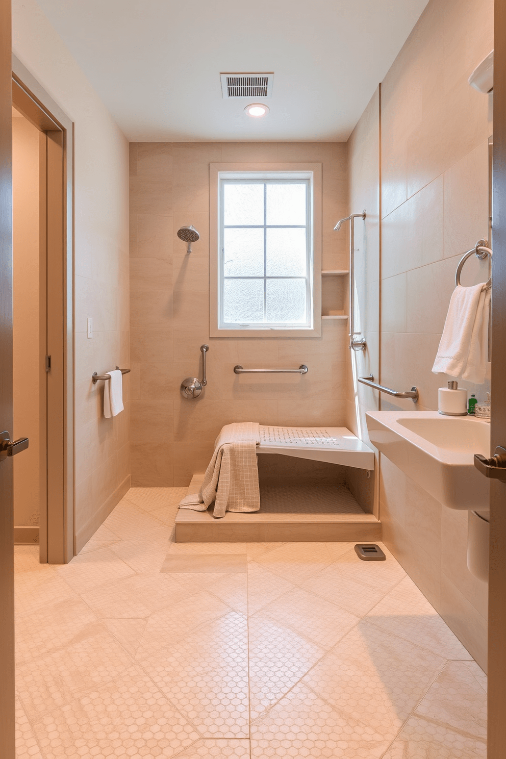 A modern ADA-compliant bathroom featuring textured tiles for slip resistance. The walls are adorned with soft beige tones, while the floor showcases large, slip-resistant tiles in a subtle mosaic pattern. A spacious walk-in shower includes a built-in bench and grab bars for safety. Natural light filters in through a frosted window, illuminating the elegant fixtures and accessories throughout the space.