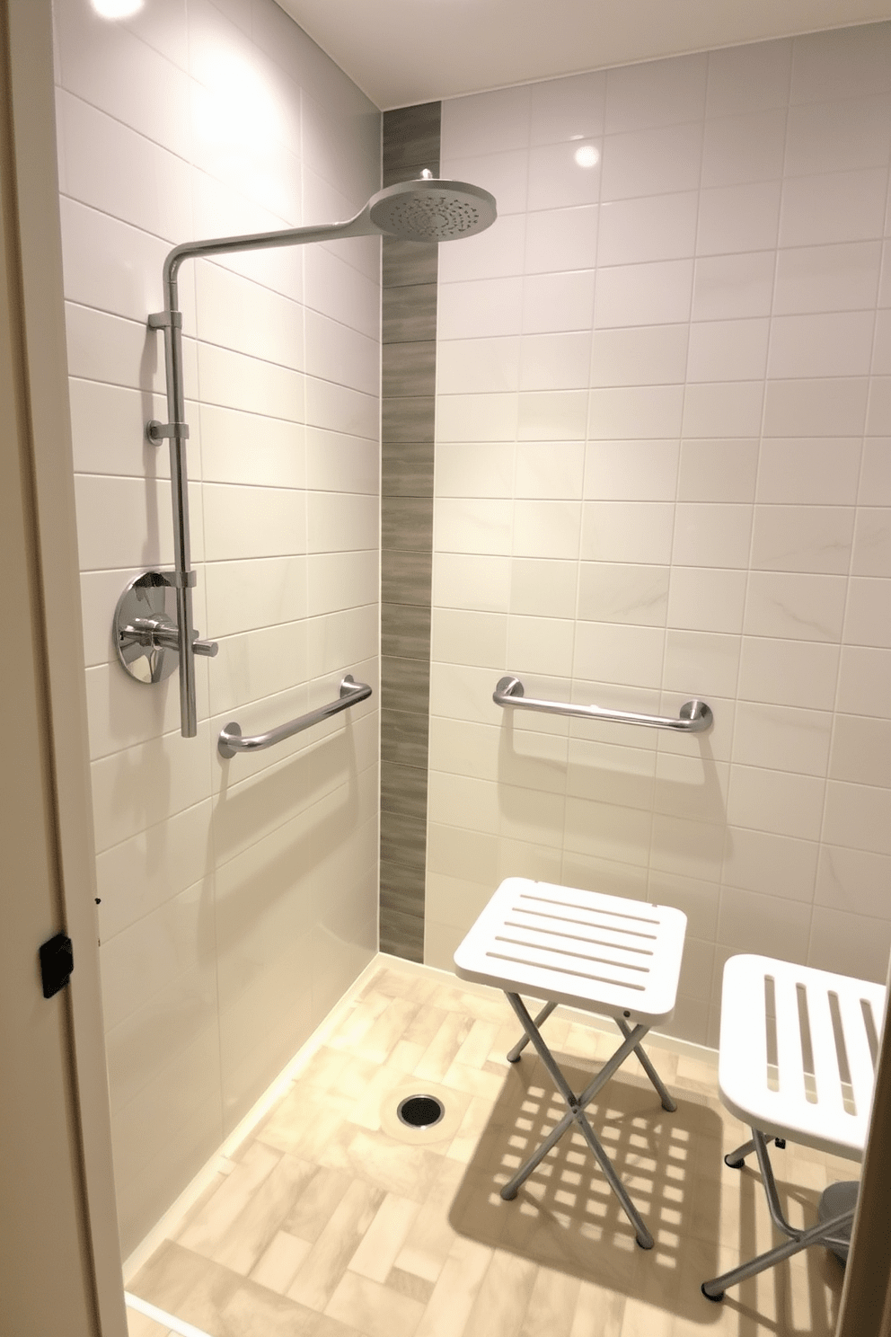 A spacious ADA-compliant bathroom features a sleek handheld showerhead mounted on an adjustable bar for easy accessibility. The walls are adorned with light-colored tiles, enhancing the sense of space and cleanliness. A sturdy grab bar is installed next to the shower for added safety, and a foldable shower bench provides convenience during use. The floor is equipped with slip-resistant tiles, ensuring a secure footing while maintaining a modern aesthetic.