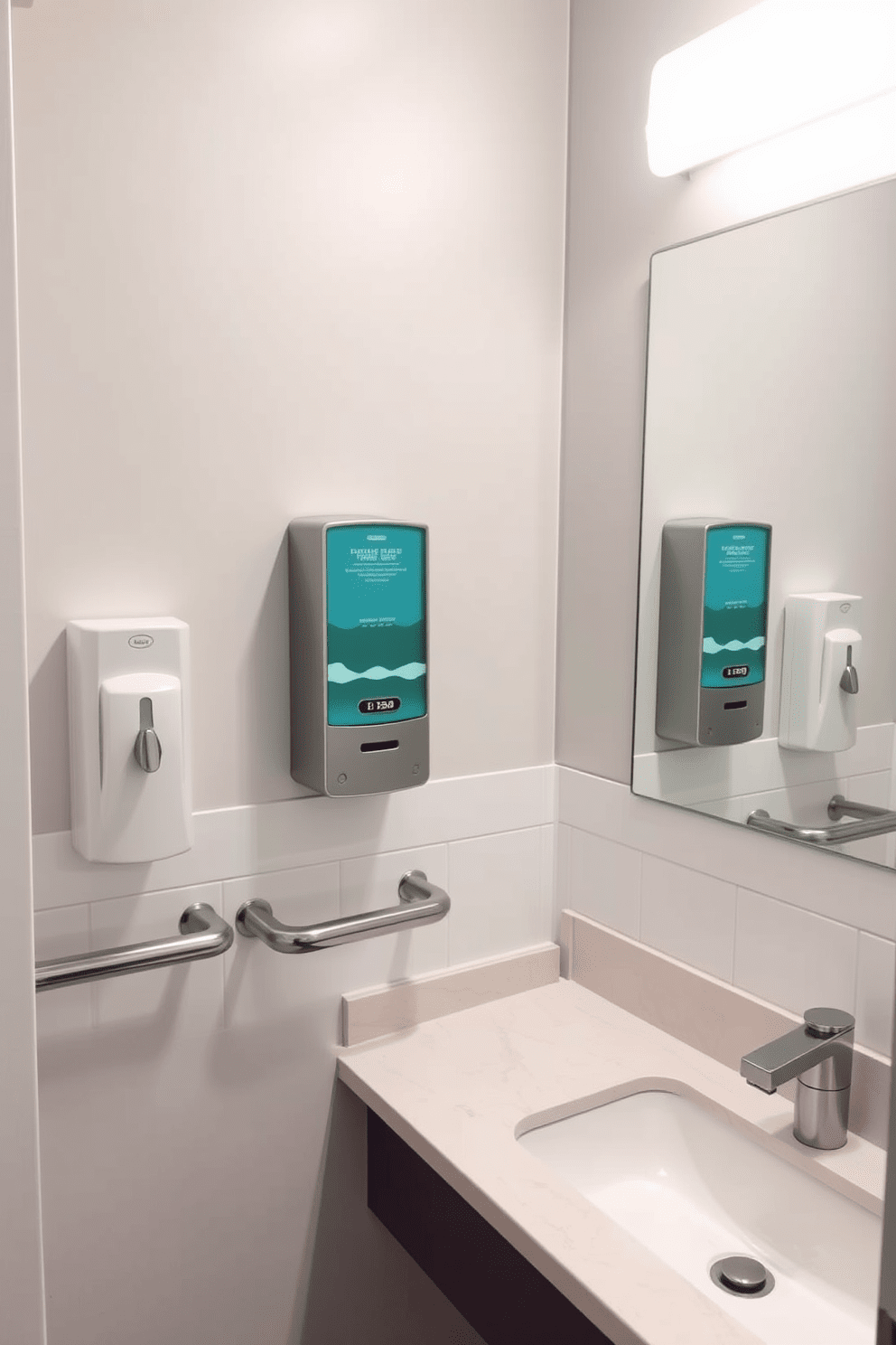 A modern ADA compliant bathroom featuring wall-mounted soap dispensers for easy access. The design includes spacious countertops and grab bars, ensuring comfort and safety for all users.