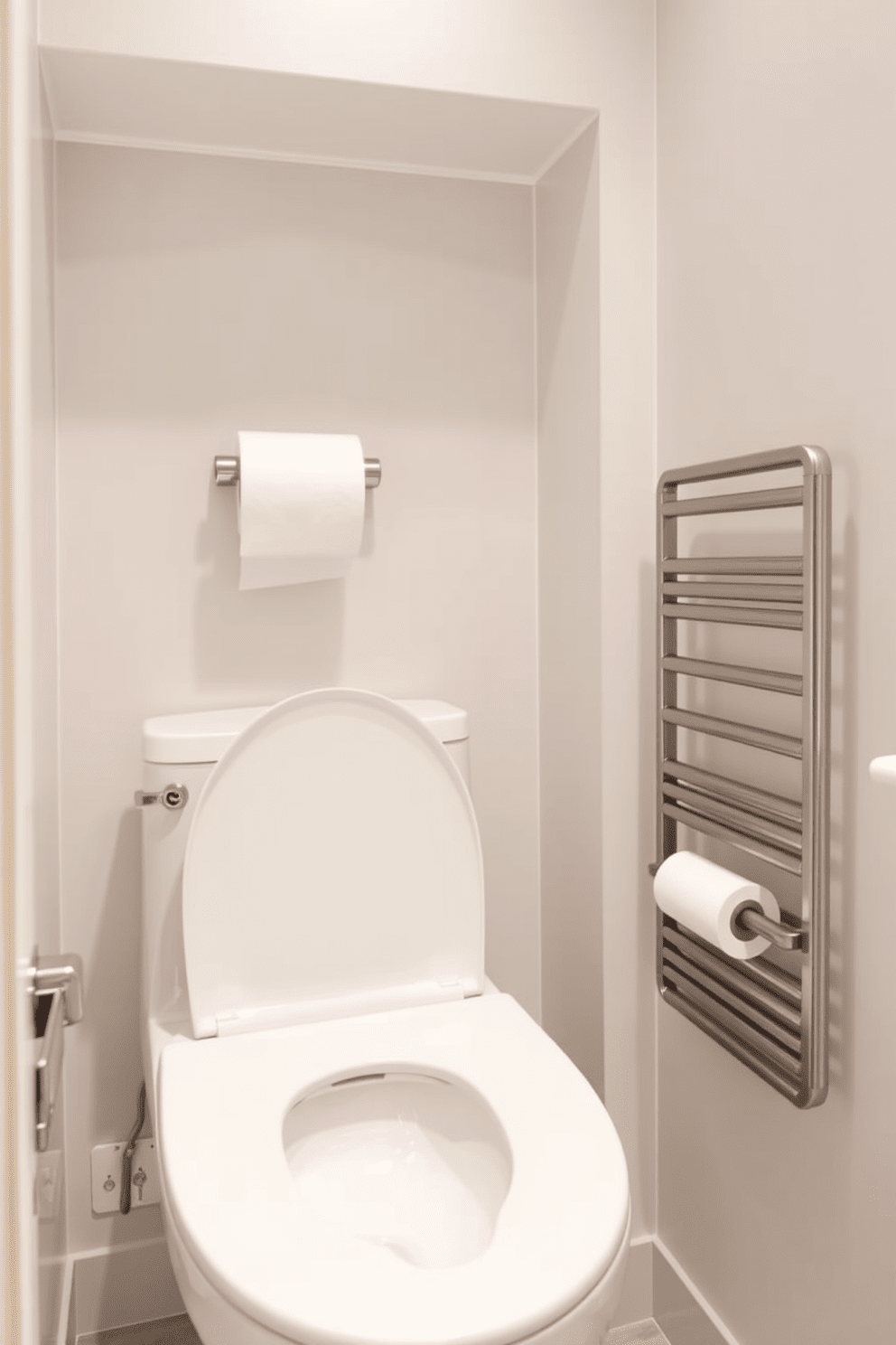 A well-designed ADA-compliant bathroom features a strategically placed toilet paper holder within easy reach of the toilet. The holder is mounted on the wall beside the toilet, ensuring it is accessible for individuals with mobility challenges. The design incorporates a sleek, modern toilet paper holder that complements the overall aesthetic of the bathroom. Soft, neutral colors and ample lighting enhance the space, making it both functional and inviting.