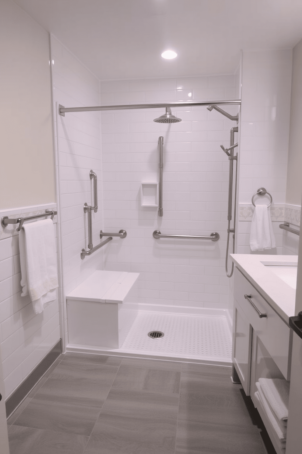 A spacious ADA-compliant bathroom features a roll-in shower with non-slip flooring for safety and accessibility. The shower area is equipped with a built-in bench and grab bars, ensuring convenience for all users. The walls are adorned with light-colored, moisture-resistant tiles that create a bright and welcoming atmosphere. A sleek, modern vanity with an undermount sink and easy-to-reach storage complements the overall design.