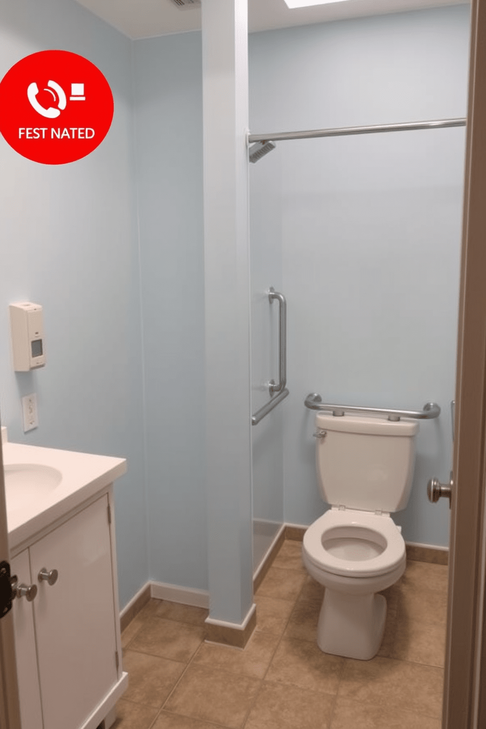 A spacious ADA compliant bathroom featuring an emergency call button conveniently located within reach of the toilet and shower areas. The walls are painted in a calming light blue, and the floor is equipped with non-slip tiles for safety and ease of movement. The vanity is designed with a lower height for accessibility, showcasing a sleek white countertop and a single sink. Grab bars are installed next to the toilet and in the shower, providing additional support for users.