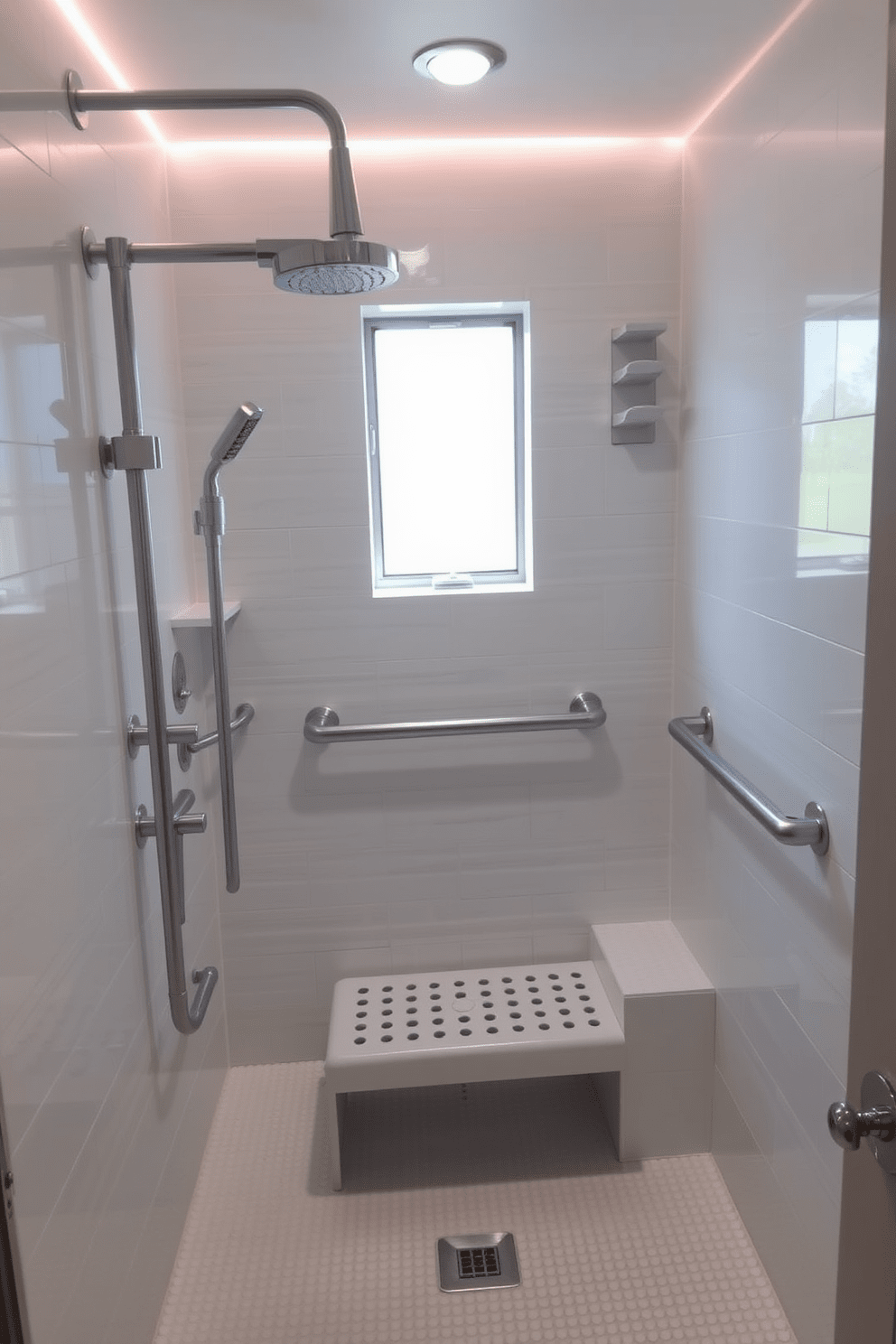 A modern ADA compliant bathroom featuring an adjustable shower head with multiple height settings. The space includes grab bars for safety, a sleek bench for seating, and a large, easy-access shower area with textured tiles for slip resistance.