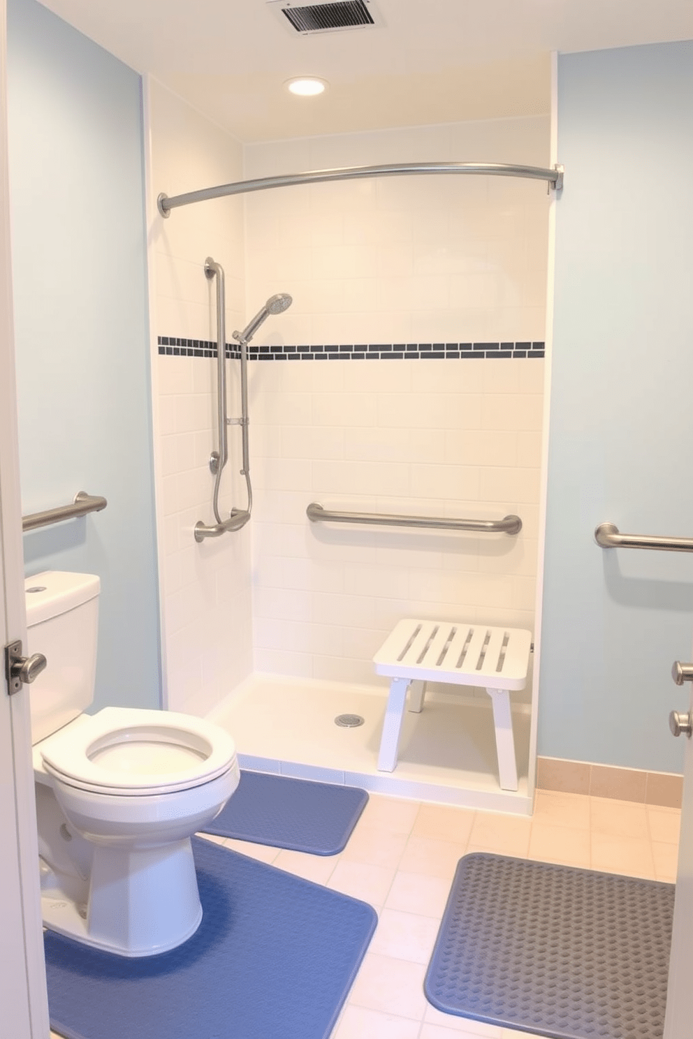 A spacious ADA compliant bathroom featuring non-slip mats strategically placed around wet areas. The design includes grab bars near the toilet and shower, ensuring safety and accessibility for all users. The walls are painted in a calming light blue, complemented by bright white fixtures. A modern shower with a fold-down bench and handheld showerhead provides convenience and comfort.