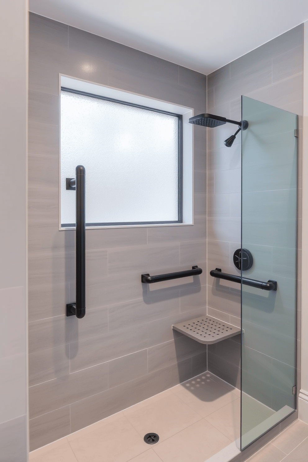 A contemporary ADA-compliant bathroom featuring grab bars seamlessly integrated into the shower walls. The space is designed with a walk-in shower that has a bench, ensuring safety and accessibility while maintaining a sleek aesthetic. The walls are finished in a soft gray tile, complemented by contrasting dark grab bars for visibility. Natural light filters in through a frosted glass window, enhancing the serene atmosphere of the bathroom.