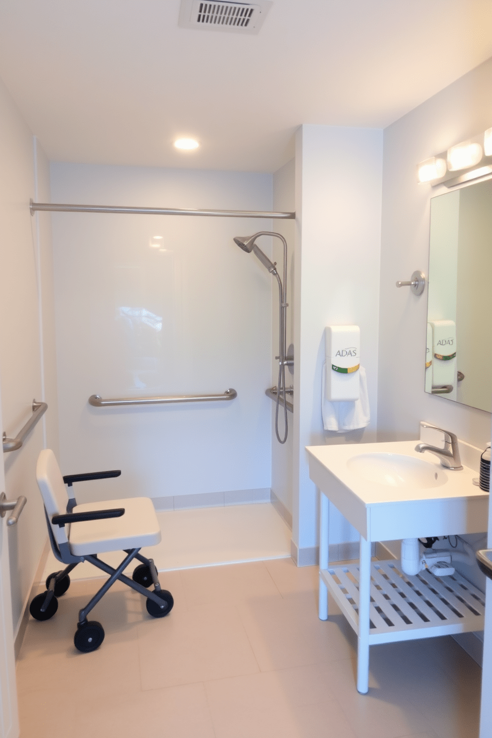 A spacious ADA-compliant bathroom featuring clear pathways for mobility devices. The design includes a roll-in shower with grab bars and a fold-down shower seat, ensuring accessibility and safety. The vanity is mounted at a height suitable for wheelchair users, with an open space underneath for easy access. Soft lighting illuminates the room, and the walls are painted in a calming light blue, creating a serene atmosphere.