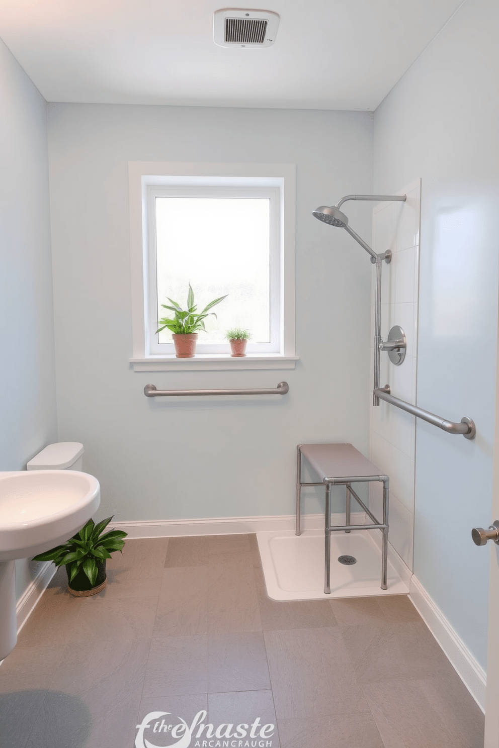 A modern ADA-compliant bathroom featuring a height-adjustable sink designed for wheelchair access. The space is equipped with grab bars, a roll-in shower with a foldable bench, and a non-slip floor in a soft gray tone. The walls are painted in a calming light blue, creating a serene atmosphere. Natural light floods the room through a frosted window, and potted plants add a touch of greenery.