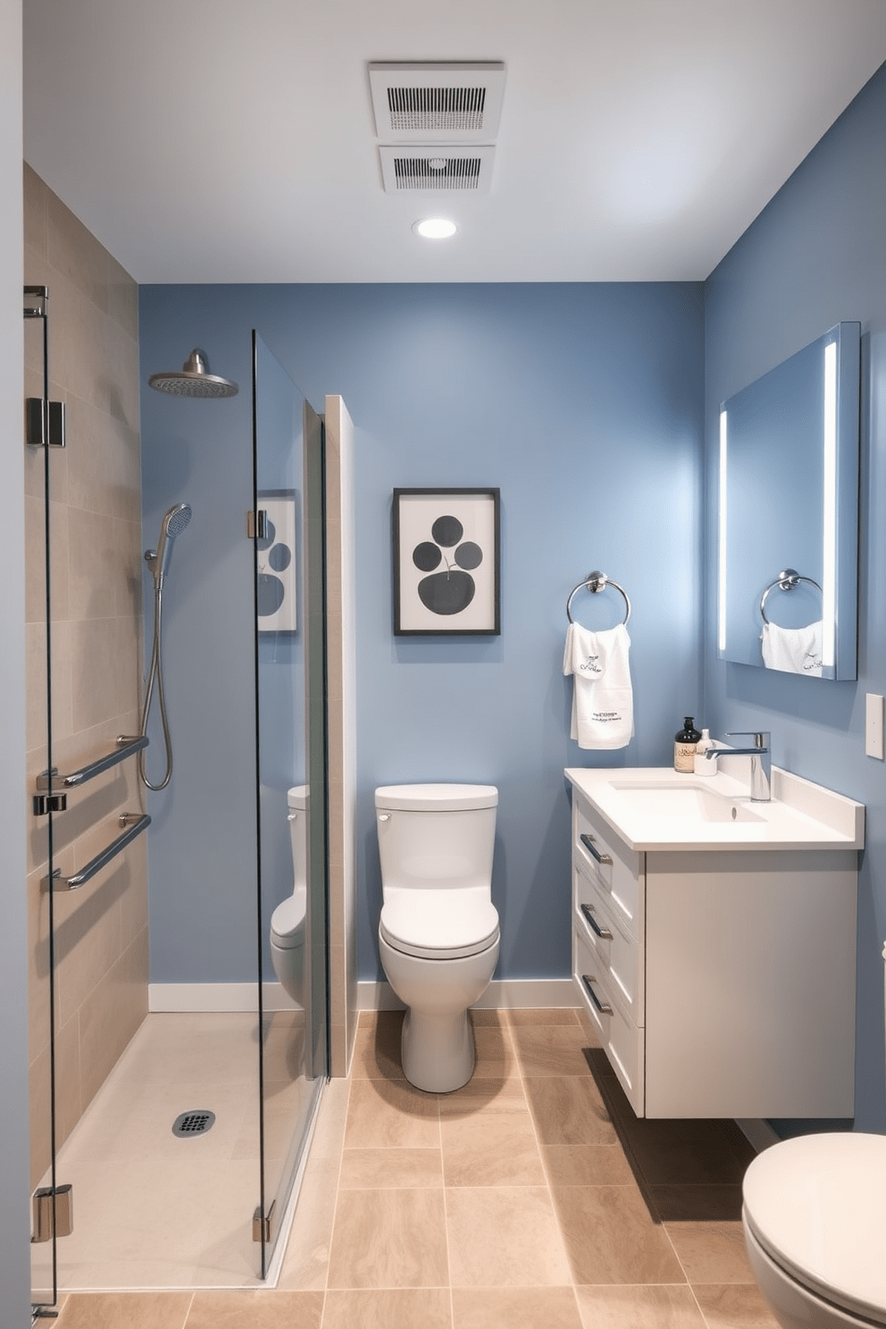 A modern ADA-compliant bathroom featuring smart home technology. The space includes a roll-in shower with a handheld showerhead and grab bars, alongside a floating vanity equipped with touchless faucets and motion-activated lighting. The walls are painted in a soft blue hue, complemented by non-slip floor tiles for safety. A smart mirror with built-in lighting and voice control sits above the vanity, enhancing both functionality and style.