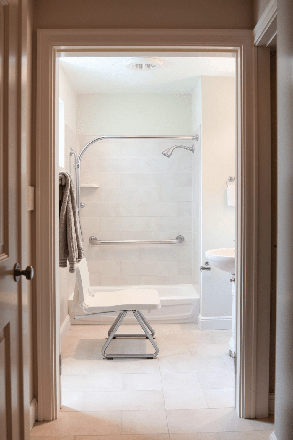 Wide doorways create an inviting atmosphere in an ADA-compliant bathroom. The design features a roll-in shower with grab bars and a foldable shower seat for enhanced accessibility. The spacious layout includes a comfort-height toilet and a sink with knee clearance. Soft, neutral colors and natural lighting enhance the calming environment, making it both functional and aesthetically pleasing.