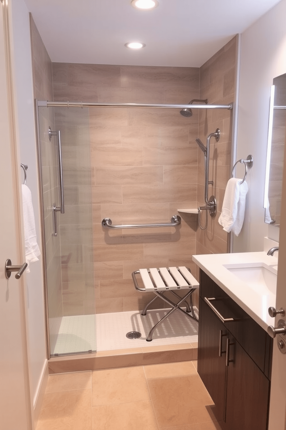 A modern ADA compliant bathroom featuring lever faucets for easy operation. The space includes a spacious roll-in shower with grab bars and a foldable shower bench, ensuring accessibility and comfort. The vanity is designed with lower height counters and lever handles for ease of use. Soft ambient lighting illuminates the room, enhancing the warm tones of the tile and wall finishes.