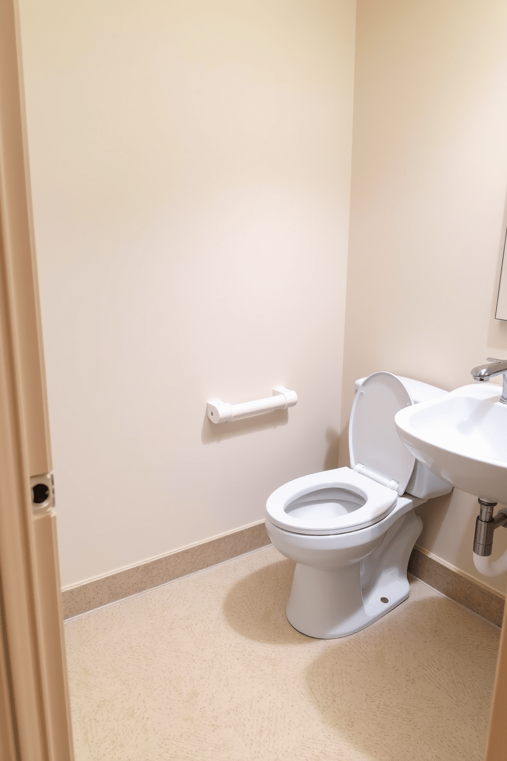 A spacious ADA compliant bathroom featuring a comfort height toilet for enhanced accessibility. The walls are adorned with soft, neutral tones, and the flooring is slip-resistant with a subtle texture. Next to the toilet, there is a stylish grab bar for added support. A modern sink with a lever faucet complements the overall design, ensuring ease of use for all individuals.