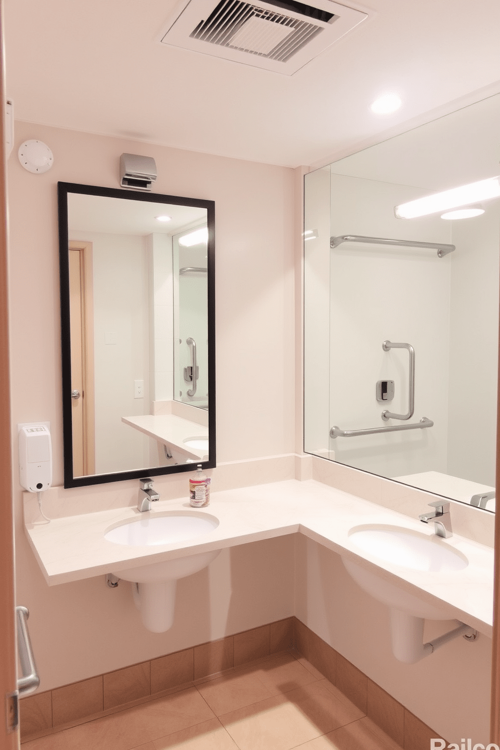 A modern ADA bathroom featuring mirrors mounted at lower heights for accessibility. The design includes a spacious layout with grab bars and a roll-in shower, ensuring safety and comfort for all users.