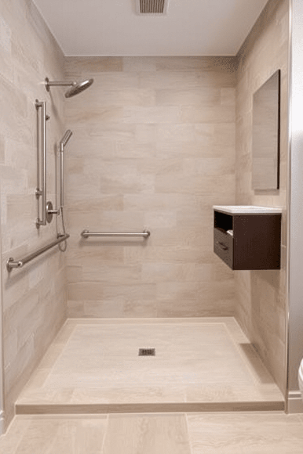 A spacious ADA-compliant bathroom features a curbless shower that seamlessly integrates with the floor, creating an open and accessible environment. The walls are adorned with large, textured tiles in a calming neutral tone, while grab bars in brushed nickel provide safety and support. The shower area is equipped with a rainfall showerhead and a handheld shower wand for versatility, ensuring ease of use for all individuals. A stylish, wall-mounted vanity with a sleek countertop offers ample storage and complements the modern aesthetic of the space.