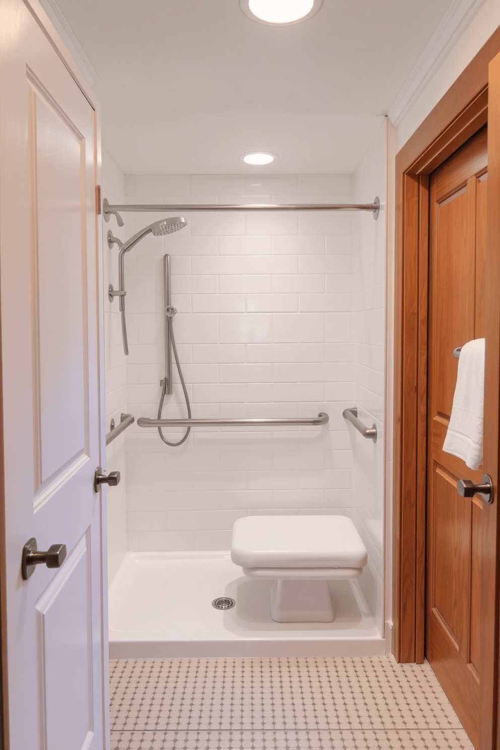 Aging in Place bathroom featuring wide doorways for wheelchair access. The layout includes a roll-in shower with grab bars and a bench, ensuring safety and comfort for all users.