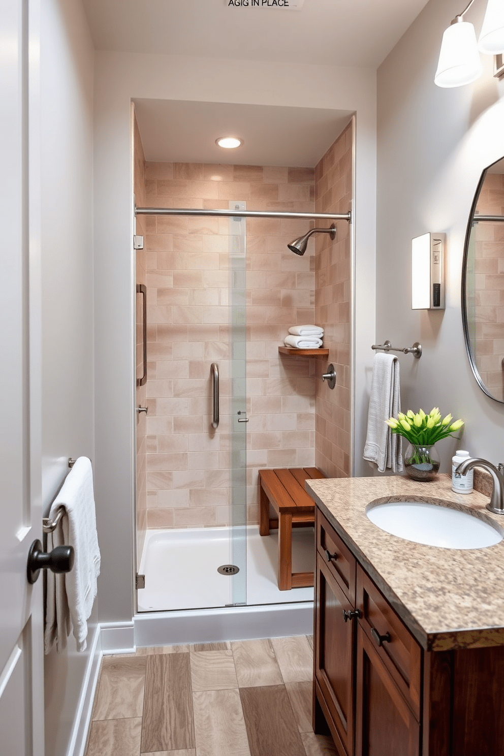 Aging in Place bathroom design featuring storage solutions at reachable heights. The space includes a stylish wooden vanity with easy access drawers and open shelving for essentials. The shower area is designed with a bench for seating and grab bars for safety. Soft lighting illuminates the room, creating a warm and inviting atmosphere.