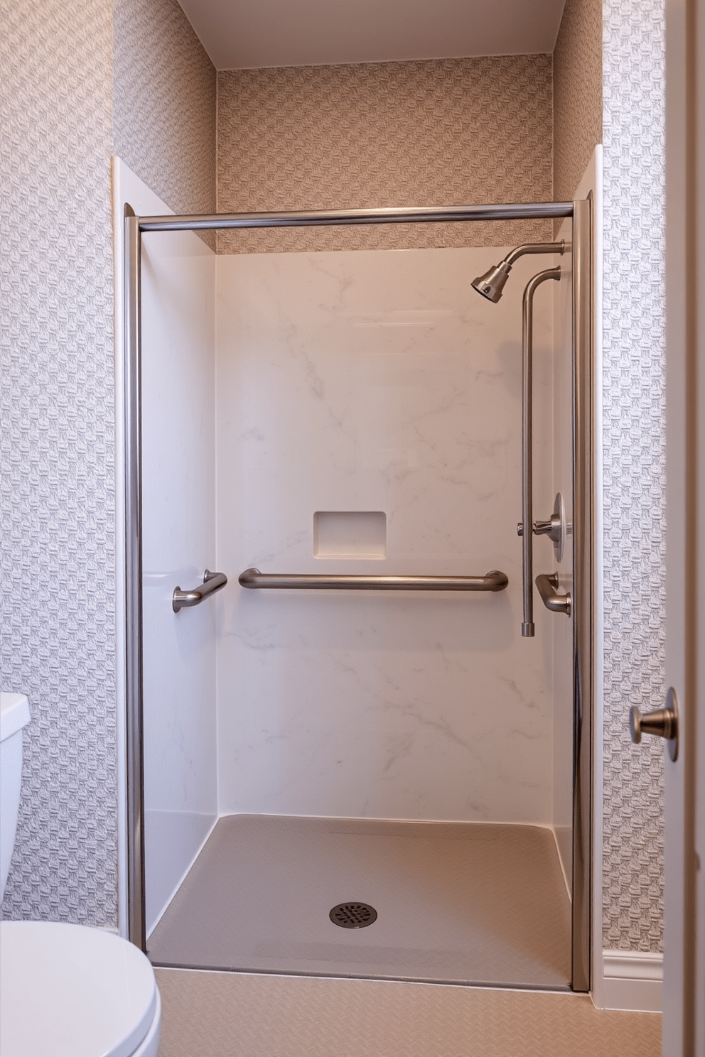 Aging in Place bathroom designed with textured wall surfaces to enhance grip and safety. The space features a walk-in shower with grab bars and a non-slip floor, ensuring accessibility and comfort for all users.