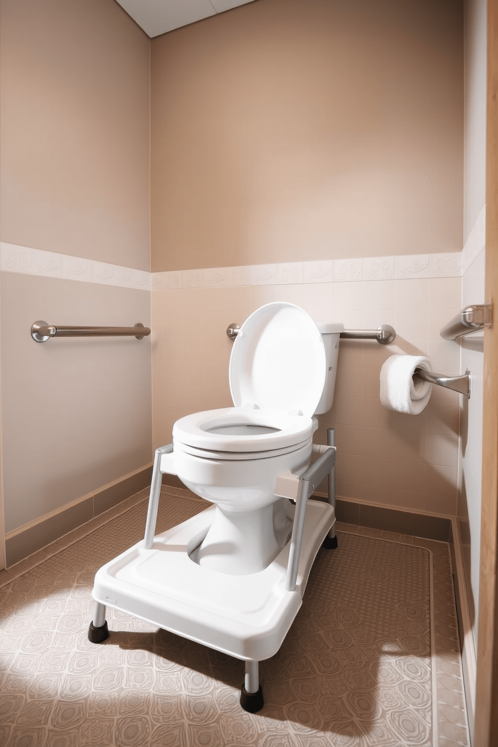 A raised toilet seat is strategically positioned to enhance accessibility and comfort in the bathroom. The surrounding area features grab bars and a spacious layout to accommodate mobility aids. The color palette consists of soft neutrals to create a calming atmosphere. Textured tiles on the floor provide both safety and style, while natural lighting enhances the overall design.