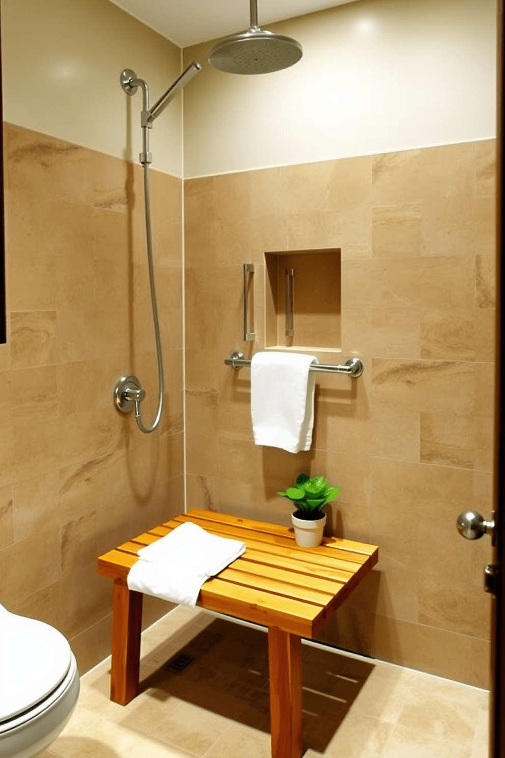 A serene bathroom setting designed for aging in place. The focal point is a sturdy shower bench made of teak wood, positioned under a rain showerhead for easy access. The walls are adorned with non-slip tiles in soft earth tones. A grab bar is installed next to the bench for added safety, and a small potted plant adds a touch of warmth to the space.