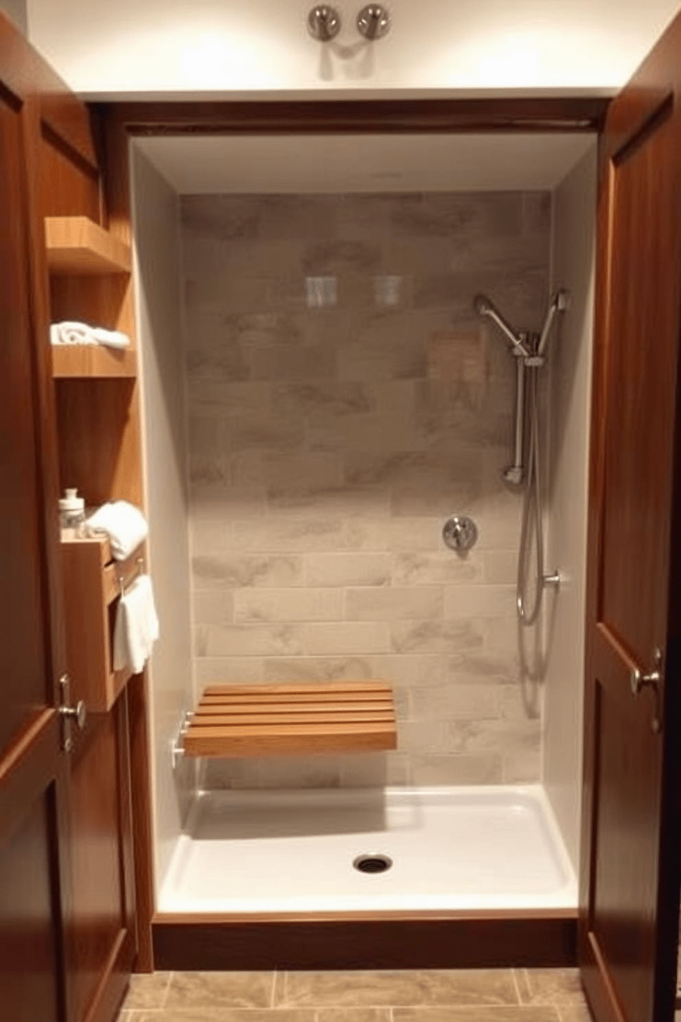 Aging in Place bathroom design featuring pull-out shelves in cabinets for easy accessibility. The layout includes a spacious walk-in shower with grab bars and a bench, ensuring safety and comfort for all users.