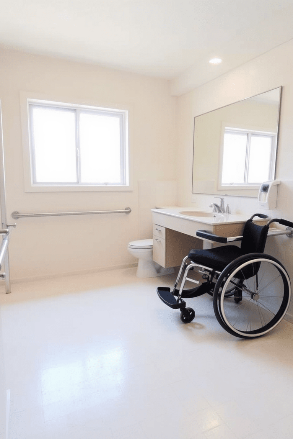 A spacious bathroom designed for accessibility features a sink with ample knee space for wheelchair users. The walls are adorned with soft, neutral tones, and the flooring is slip-resistant for safety. The vanity includes grab bars for support and a large mirror at an accessible height. Natural light floods the space through a frosted window, enhancing the welcoming atmosphere.