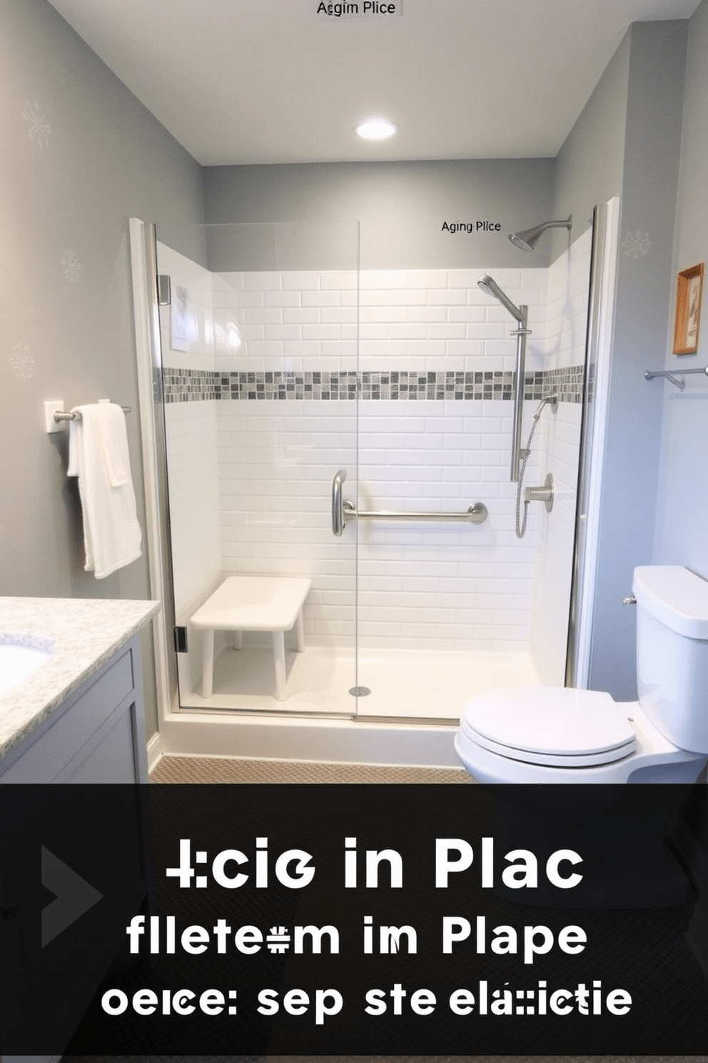 Aging in Place bathroom design featuring non-slip flooring for enhanced safety and stability. The space includes a walk-in shower with grab bars and a bench, complemented by a comfort-height toilet and a vanity with easy-to-reach storage.