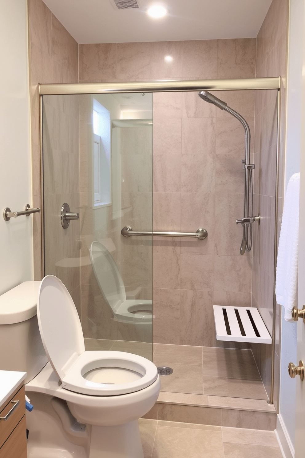 Aging in place bathroom design features a soft-close toilet seat that enhances safety and comfort. The design incorporates grab bars and a walk-in shower with a bench for accessibility.