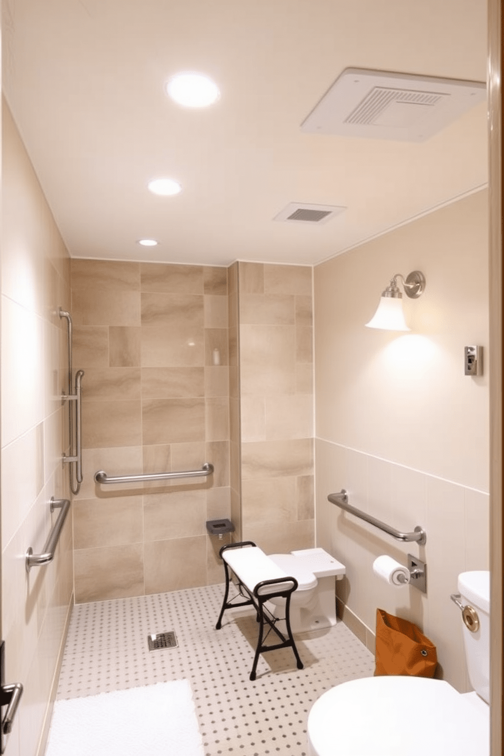 Bright adjustable lighting enhances visibility in an aging in place bathroom. The design features a mix of recessed ceiling lights and wall sconces to provide ample illumination while ensuring safety and comfort. The bathroom includes grab bars near the shower and toilet for added support. A curbless shower with a bench and non-slip flooring promotes accessibility and ease of use.