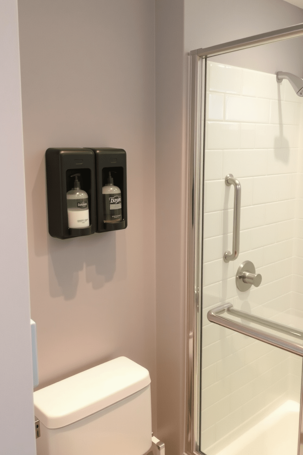 Aging in Place bathroom design featuring wall-mounted soap dispensers for convenience. The space includes grab bars next to the toilet and shower for safety, ensuring accessibility for all users.